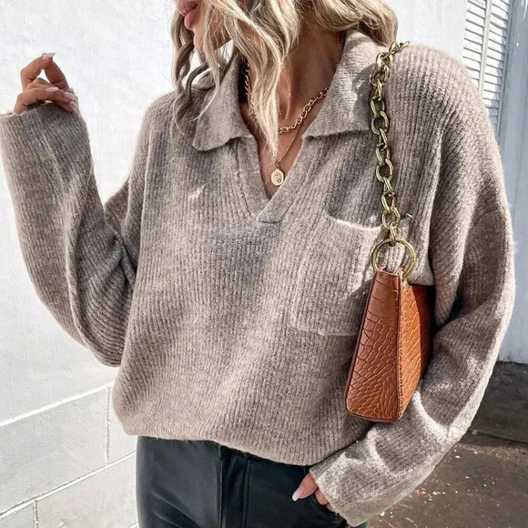 Sweaters - Khaki Casual Women's Pocket Front Drop Shoulder Sweater